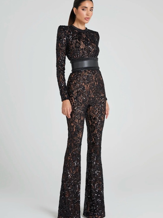 NADINE MERABI Pants - NADINE MERABI Bella Black Sequin Lace Long-Sleeve Jumpsuit
